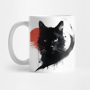 Sumie Art Japanese Brushstroke Black Cat Red Sun Mug